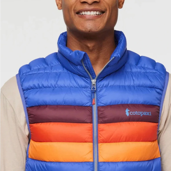 Cotopaxi Men's XL Fuego Down Vest Blue Violet Stripes Yellow NWT Puffy Puff - Picture 13 of 15